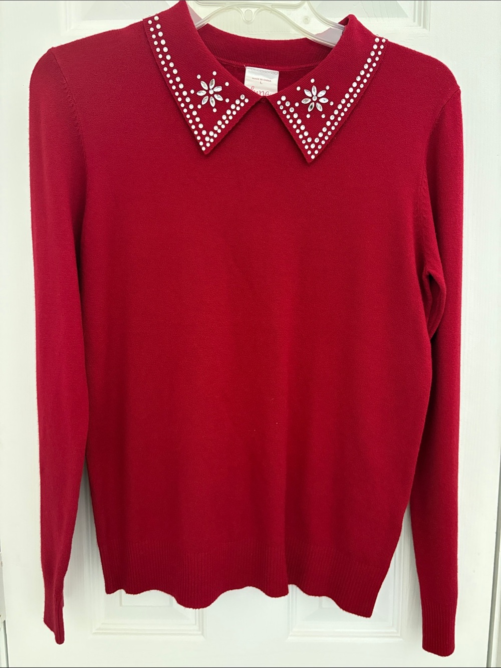 Luna Red Embellished Collar Crew Sweater